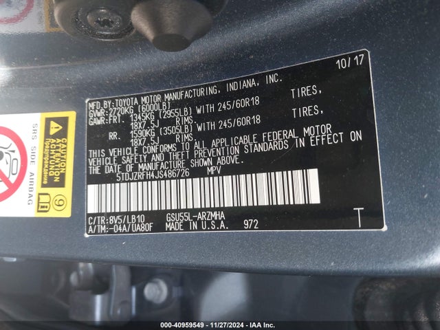 5TDJZRFH4JS486726 Toyota Highlander Xle