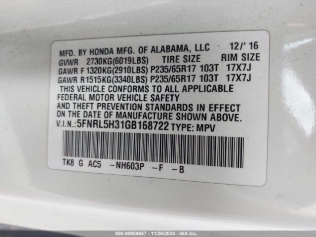 5FNRL5H31GB168722 Honda ODYSSEY SE