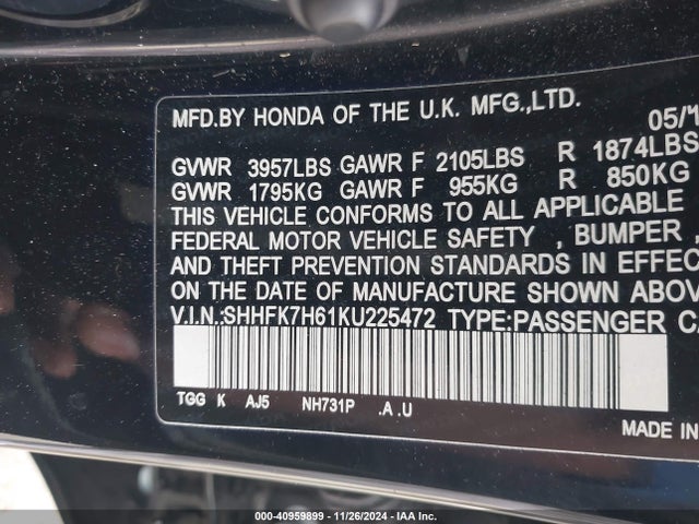 Honda CIVIC EX 2019 SHHFK7H61KU225472 Image 9