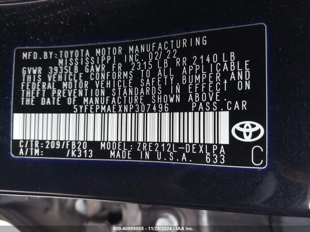 Toyota COROLLA LE 2022 5YFEPMAEXNP307496 Image 9
