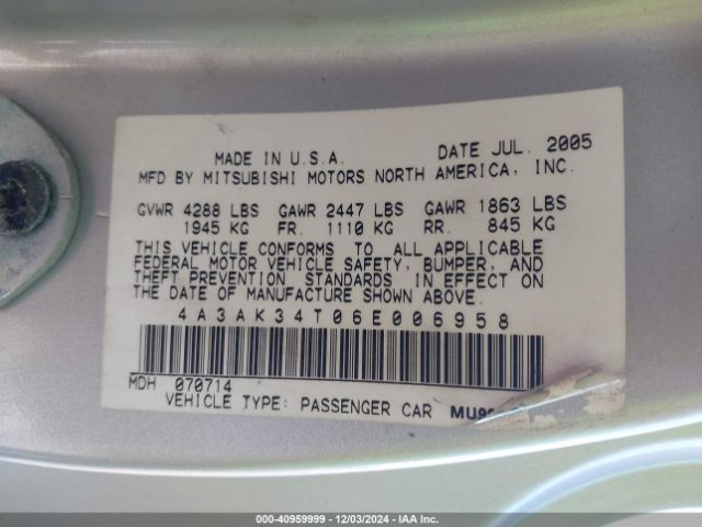 2006 MITSUBISHI ECLIPSE 4A3AK34T06E006958 Photo 8