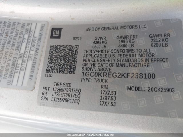 1GC0KREG2KF238100 Chevrolet Silverado 2500hd Wt