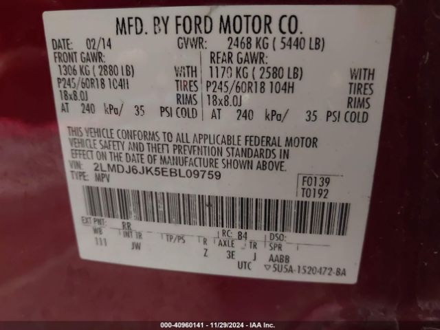 2LMDJ6JK5EBL09759 Lincoln MKX