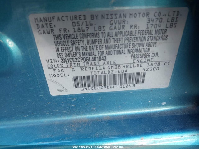 3N1CE2CP0GL401843 Nissan Versa Note S (sr)/s Plus/sl/sr/sv