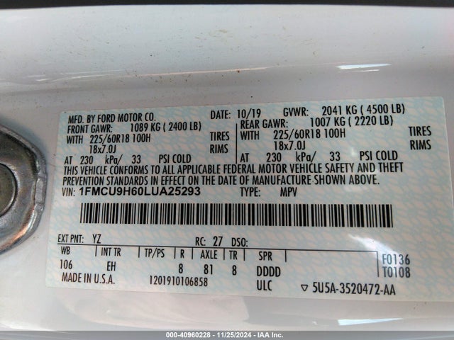 Ford ESCAPE SEL 2020 1FMCU9H60LUA25293 Image 9