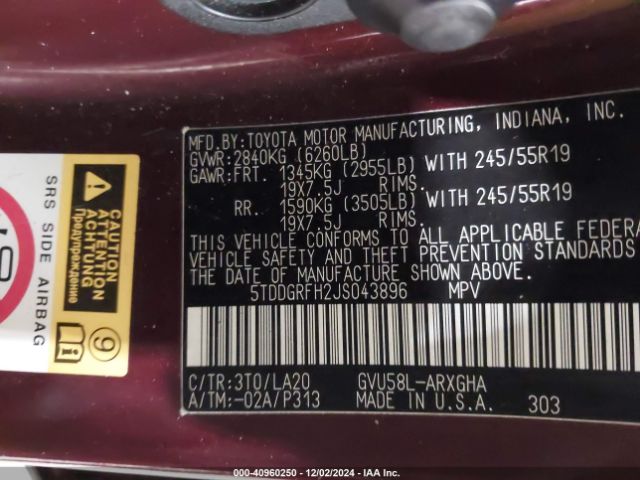 5TDDGRFH2JS043896 Toyota Highlander Hybrid Limited
