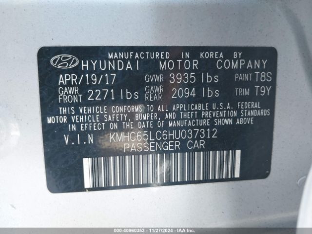 KMHC65LC6HU037312 Hyundai Ioniq Hybrid Blue
