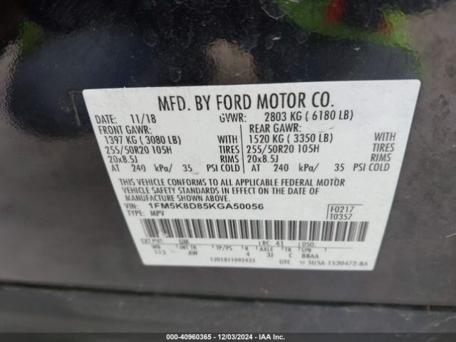 1FM5K8D85KGA50056 Ford EXPLORER XLT