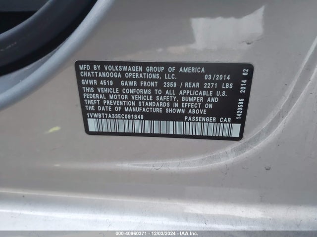Volkswagen Passat 1.8t Se 2014 1VWBT7A33EC091849 Image 9