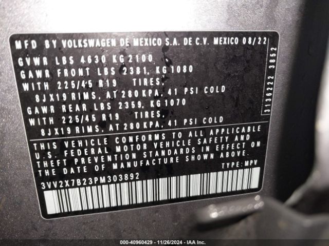 3VV2X7B23PM303892 Volkswagen Taos 1.5t Sel
