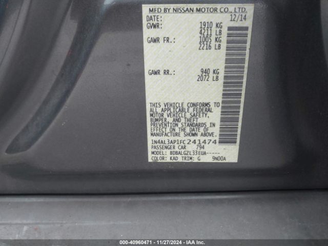 1N4AL3AP1FC241474 Nissan Altima 2.5/2.5 S/2.5 Sl/2.5 Sv