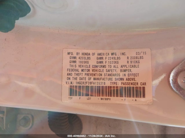 Honda ACCORD LX 2015 1HGCR2F39FA135319 Image 9