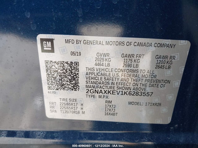 40960601 :رقم المزاد ، 2GNAXKEV1K6283557 vin ، 2019 Chevrolet Equinox Lt مزاد بيع