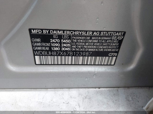 Aukcja sprzedaży 2007 Mercedes-benz E 350 4matic, vin: WDBUH87X67B123987, numer aukcji: 40960659