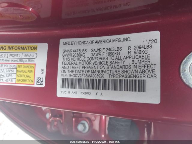 1HGCV2F98MA005920 Honda Accord Touring
