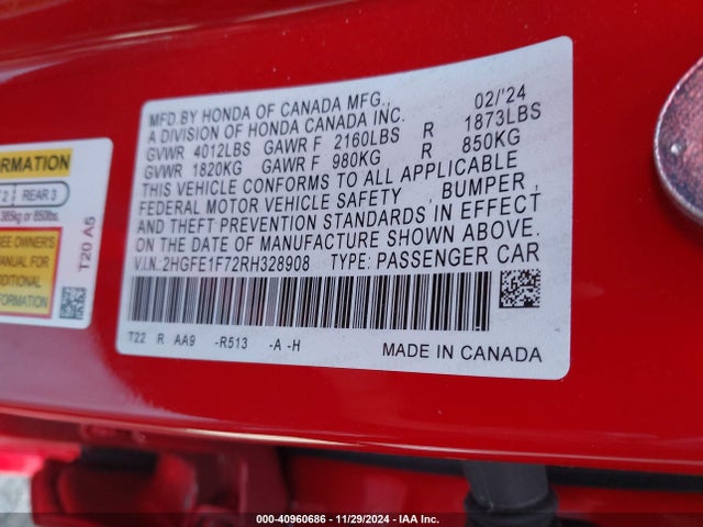 Honda CIVIC EX 2024 2HGFE1F72RH328908 Image 9