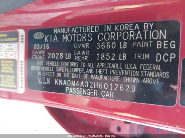 KNADM4A32H6012629 KIA RIO LX