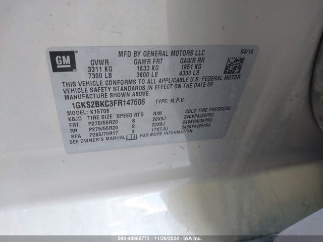 1GKS2BKC3FR147606 GMC YUKON SLT