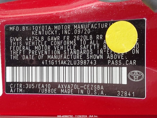 Toyota CAMRY SE 2020 4T1G11AK2LU398743 Image 9