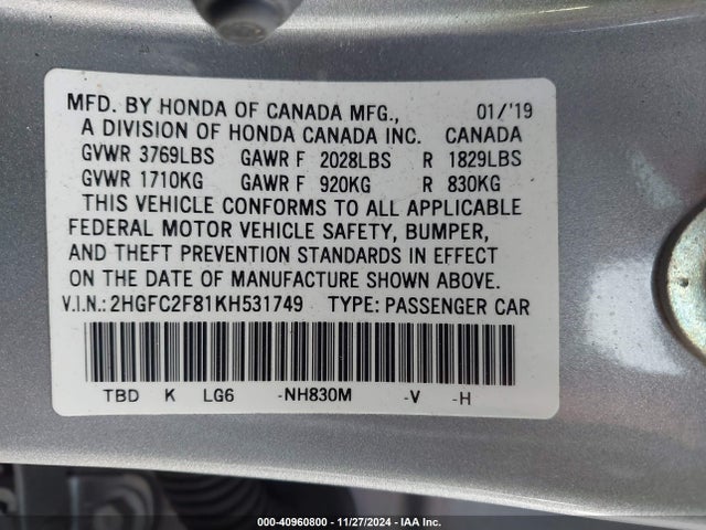 Aukcja sprzedaży 2019 Honda Civic Sport, vin: 2HGFC2F81KH531749, numer aukcji: 40960800
