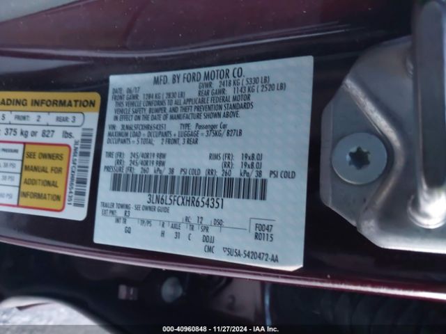 3LN6L5FCXHR654351 Lincoln Mkz Reserve