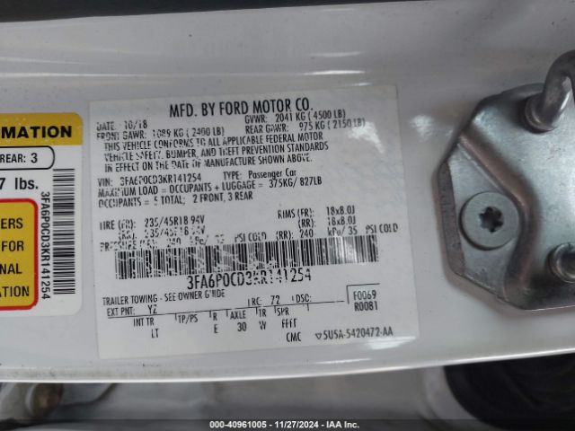 3FA6P0CD3KR141254 Ford FUSION SEL
