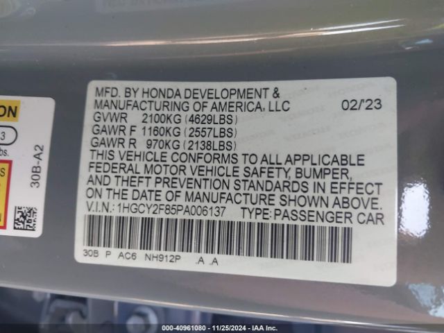 1HGCY2F85PA006137 Honda Accord Hybrid Touring