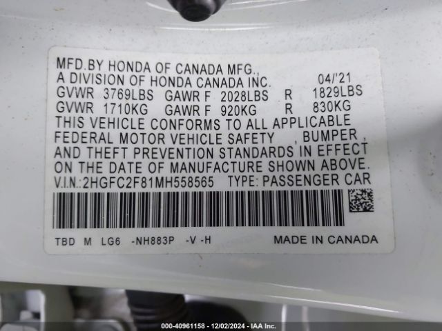 2HGFC2F81MH558565 Honda Civic Sport