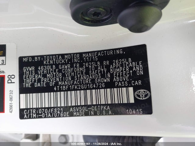 Aukcja sprzedaży 2016 Toyota Camry Se, vin: 4T1BF1FK2GU164726, numer aukcji: 40961161