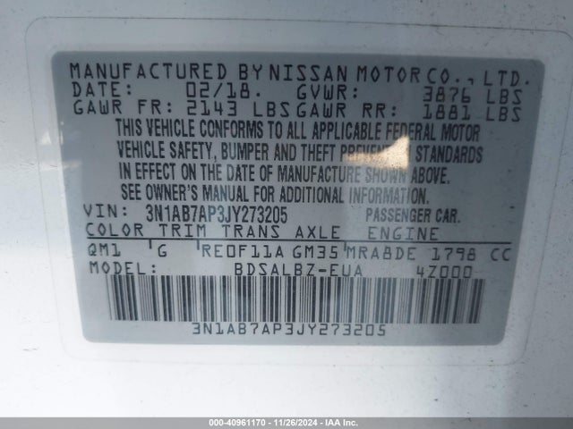Nissan SENTRA S 2018 3N1AB7AP3JY273205 Image 9