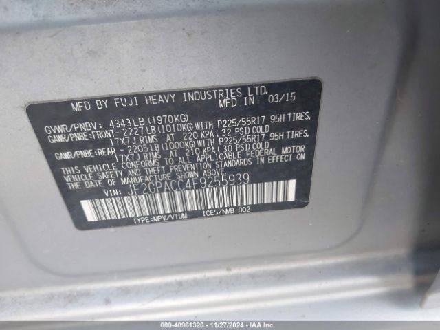 JF2GPACC4F9255939 Subaru Xv Crosstrek 2.0i Premium