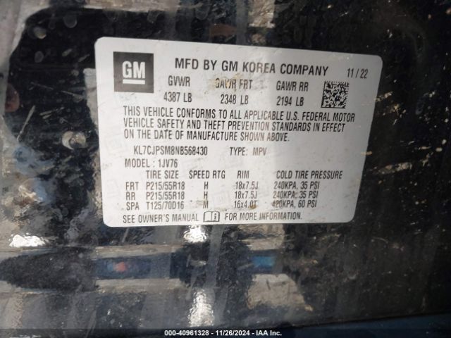 KL7CJPSM8NB568430 Chevrolet Trax Awd Lt