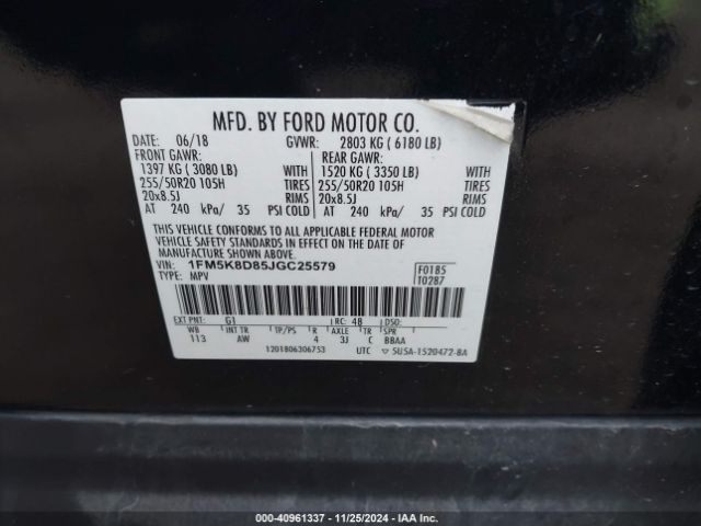 1FM5K8D85JGC25579 Ford EXPLORER XLT