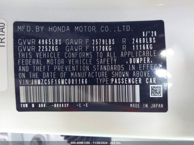 JHMZC5F16MC001166 Honda CLARITY PLUG-IN HYBRID
