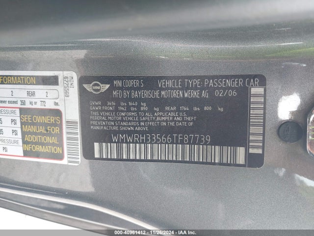 2006 MINI COOPER S WMWRH33566TF87739 Photo 8