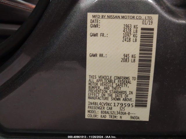 Nissan Altima 2.5 Sr 2019 1N4BL4CV9KC179595 Image 9