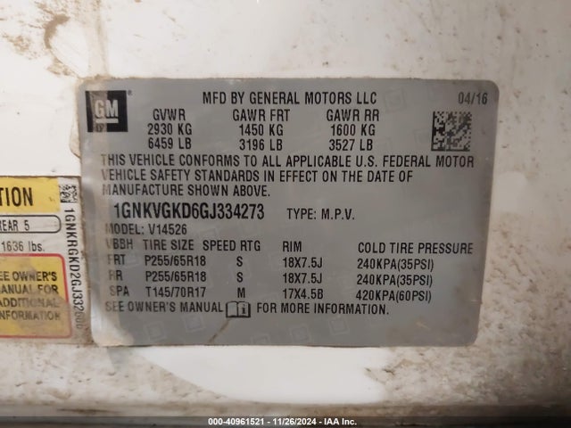 Chevrolet Traverse 1lt 2016 1GNKVGKD6GJ334273 Image 9