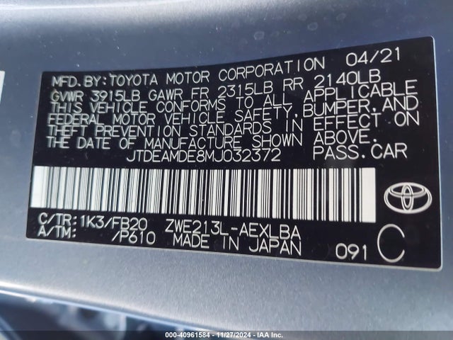 JTDEAMDE8MJ032372 Toyota Corolla Hybrid Le