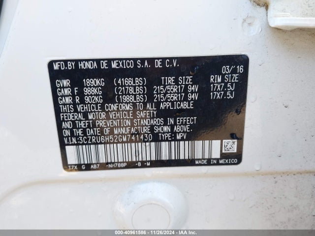Honda HR-V EX 2016 3CZRU6H52GM741430 Image 9