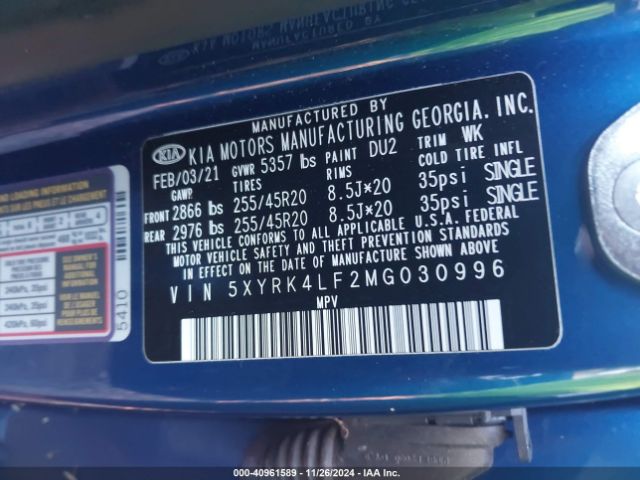5XYRK4LF2MG030996 KIA SORENTO SX
