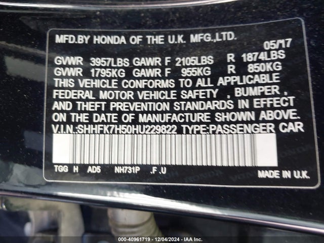 Honda CIVIC EX 2017 SHHFK7H50HU229822 Image 9