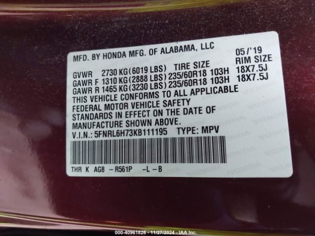 5FNRL6H73KB111195 Honda Odyssey Ex-l