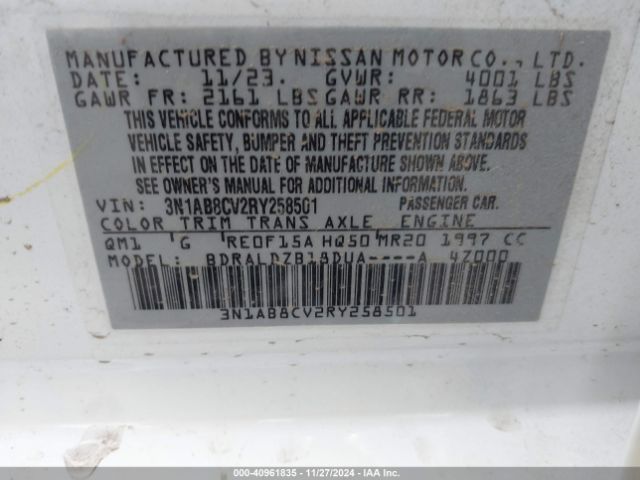 3N1AB8CV2RY258501 Nissan Sentra Sv Xtronic Cvt