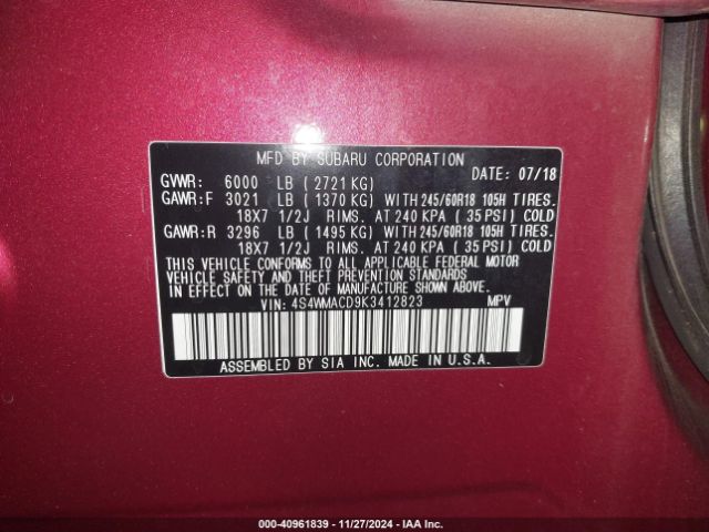 4S4WMACD9K3412823 Subaru Ascent Premium
