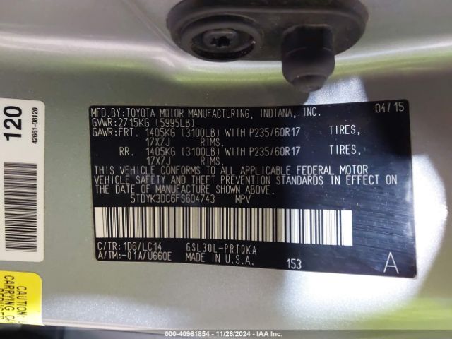 5TDYK3DC6FS604743 Toyota Sienna Xle 8 Passenger