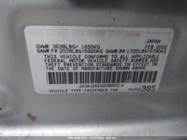 2002 MITSUBISHI LANCER JA3AJ26E62U060214 Photo 8