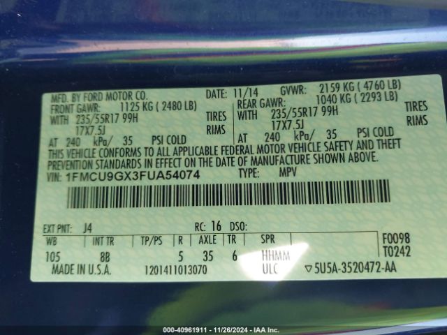 1FMCU9GX3FUA54074 Ford ESCAPE SE