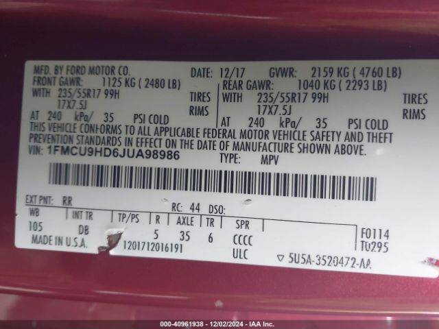1FMCU9HD6JUA98986 Ford ESCAPE SEL