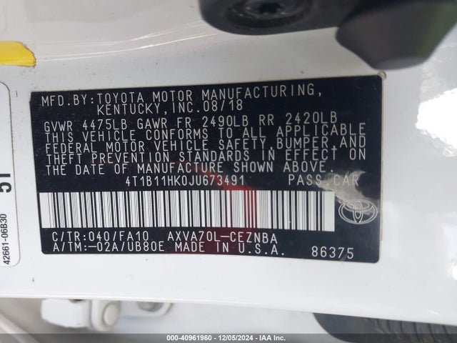 4T1B11HK0JU673491 Toyota CAMRY LE