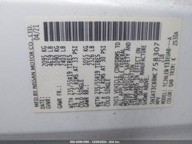 5N1AT3CB8MC758307 Nissan Rogue Sl Intelligent Awd